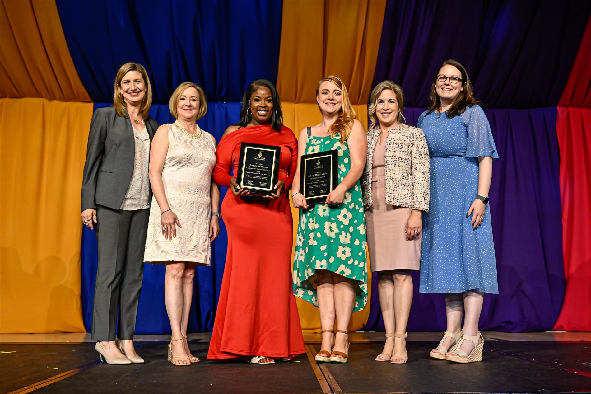 Trustee Jeri Chambers; Trustee Nancy Humphrey; Jessica Williams Elementary TOTY; Ashley Hendrickson Secondary TOTY; Superintendent Dr. Theresa Williams; Trustee Dr. Lauren Tyra